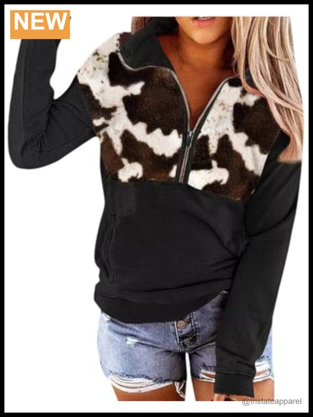 Aztec Cow Print Half-Zip Pullover Sweatshirt Hoodie Western Cowgirl